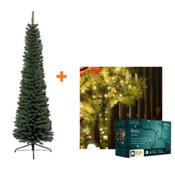 Komplet novogodišnja jelka Pencil Pine 150cm Everlands +  novogodišnje lampice 6m 80 LED Lumineo Basic toplo bele