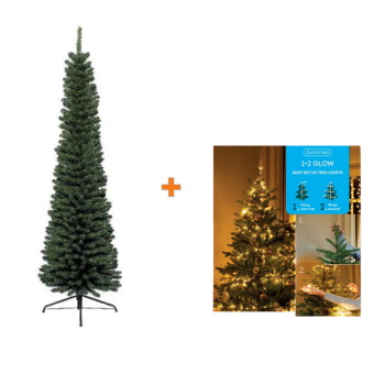 Komplet novogodišnja jelka Pencil Pine 240cm Everlands + novogodišnje stepenaste LED lampice 8 nivoa 283 LED 240cm toplo bele